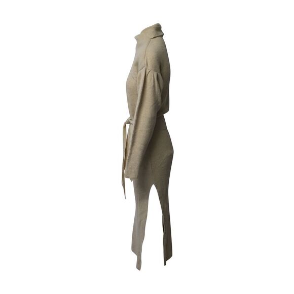 Nanushka Canaan Belted Dress in Beige Merino Wool